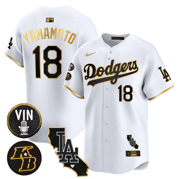 Men's Los Angeles Dodgers #18 Yoshinobu Yamamoto White Gold 2025 Vin & Kobe Patch Vapor Limited V2 Stitched Baseball Jersey Men's Los Angeles Dodgers #18 Yoshinobu Yamamoto White Gold 2025 Vin & Kobe Patch Vapor Limited V2 Stitched Baseball Jersey